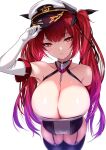 1girl akeyama_kitsune azur_lane bangs black_legwear breasts cleavage detached_collar elbow_gloves eyebrows_visible_through_hair from_above garter_straps gloves hair_ribbon hand_on_headwear hat honolulu_(azur_lane) large_breasts long_hair looking_at_viewer military_hat parted_lips red_eyes red_hair ribbon solo thighhighs twintails 