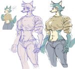  2022 abs anthro athletic athletic_anthro athletic_female beastars belly big_breasts biped blue_body blue_fur bottomwear breasts canid canine canis cheek_tuft clothed clothing crossgender denim denim_clothing digital_media_(artwork) facial_tuft female fingers front_view fur grey_jeans hair jeans legoshi_(beastars) mammal monochrome multicolored_body multicolored_fur navel pants pinkovine portrait puppychan48 reference_image simple_background sketch solo standing tan_belly tan_body tan_fur tan_inner_ear three-quarter_portrait three-quarter_view tuft two_tone_body two_tone_fur white_background wolf 