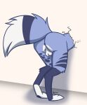  2021 animatedmau_(fursona) anthro anus backsack balls barely_visible_genitalia barely_visible_penis barkyeet big_balls big_butt black_spots blue_body blue_fur butt butt_focus canid canine colored digital_media_(artwork) fluffy fox fur genitals glory_hole hi_res huge_balls huge_butt looking_at_viewer looking_back male mammal multicolored_body nude pawpads paws penis perineum pink_anus pink_penis presenting presenting_anus presenting_balls presenting_hindquarters shaded signature simple_background solo spots stuck tan_balls through_wall white_balls white_body wide_hips 