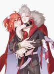  1boy 1girl breasts carrying carrying_person chinese_clothes coat coat_on_shoulders fate/grand_order fate_(series) flower fomnant fujimaru_ritsuka_(female) fujimaru_ritsuka_(female)_(the_three_great_heroes) fur-trimmed_coat fur_trim grey_eyes grey_hair hair_flower hair_ornament highres holding jacket looking_at_viewer medium_breasts monkey_tail official_alternate_costume orange_hair pants pinstripe_jacket pinstripe_pants pinstripe_pattern pinstripe_suit ponytail red_coat shirt short_hair smile suit tail takeda_shingen_(fate) takeda_shingen_(first_ascension)_(fate) thighhighs two-sided_coat two-sided_fabric 