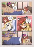  anthro bedding bedroom blanket blush breath cheetah claw_marks clothed clothing comic crossdressing duo embarrassed eyewear felid feline from_behind_position girly glasses grabbing_sheets hi_res highlights_(coloring) lazysnout lion male male/male mammal pantherine plant pronebone red_highlights sex snow snowcheetah sound_effects 
