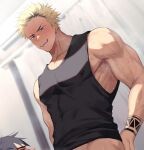  2boys arm_tattoo bara black_hair black_tank_top blonde_hair blush covered_abs covered_nipples earrings hao_(haozz) implied_fellatio jewelry large_pectorals looking_at_another male_focus multicolored_hair multiple_boys muscular muscular_male original pectorals reward_available short_hair sweat sweatdrop tank_top tattoo two-tone_hair yaoi 