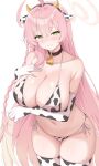  1girl absurdres animal_ear_hairband animal_ears animal_print arm_under_breasts bare_shoulders bell bikini black_choker blue_archive blush breasts choker cleavage closed_mouth collarbone commentary cow_ear_hairband cow_ears cow_print cow_print_bikini cow_print_gloves cow_print_thighhighs cowbell elbow_gloves enru fake_animal_ears fake_horns gloves green_eyes hairband halo hanako_(blue_archive) highres horns huge_breasts long_hair looking_at_viewer navel neck_bell pink_hair pink_halo print_bikini print_gloves print_thighhighs side-tie_bikini_bottom simple_background smile solo stomach swimsuit thick_thighs thighhighs thighs white_background 