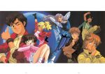  1990s_(style) 3girls 4boys absurdres beecha_oleg blonde_hair brown_hair earth_(planet) elle_vianno fingerless_gloves friends gloves green_eyes gundam gundam_team gundam_zz happy highres ino_abbav jacket judau_ashta kitazume_hiroyuki leina_ashta mondo_agake multiple_boys multiple_girls open_mouth orange_hair planet purple_hair retro_artstyle roux_louka scan science_fiction siblings smile thumbs_up traditional_media 