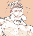  1boy bara blush bodysuit disembodied_limb facial_hair finger_in_another&#039;s_mouth flaming_halo flying_sweatdrops large_pectorals male_focus mature_male muscular muscular_male mustache orange_theme pectorals po_fu short_hair sideburns skin_tight solo_focus stubble tokyo_afterschool_summoners upper_body zabaniya_(housamo) 