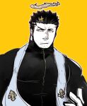  1boy alternate_costume bara facial_hair flaming_halo frown large_pectorals looking_to_the_side male_focus mature_male monochrome muscular muscular_male pectorals po_fu priest short_hair sideburns stubble tokyo_afterschool_summoners upper_body yellow_theme zabaniya_(housamo) 