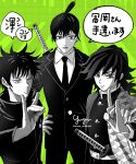  3boys artist_name black_necktie black_suit chainsaw_man formal_clothes fushiguro_megumi hayakawa_aki highres jacket jujutsu_kaisen kimetsu_no_yaiba male_focus multiple_boys necktie signature suit suit_jacket tomioka_giyuu twitter_username weapon weapon_on_back yuya-art 