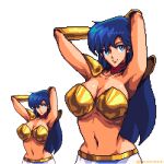  1girl armor arms_up asou_yuuko bangs bikini_armor blue_eyes blue_hair breasts cleavage collarbone gin&#039;oya gold_armor long_hair lowres medium_breasts midriff mugen_senshi_valis navel pixel_art red_bandana red_skirt skirt smile stomach valis vambraces white_skirt 