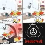  4koma :3 alarm ambiguous_gender anthro braixen brown_eyes canid canine censored chest_tuft clothed clothing coat comic computer container dialogue duo e621 english_text esix female fox fur garfield_(series) garfield_the_cat glass glass_container hair heca_g hecate_(heca_g) hi_res intersex intersex/female jar keeshee lab_coat laboratory laptop looking_at_another looking_at_viewer mammal mascot mimikyu monitor neco-arc nintendo onomatopoeia orange_body orange_fur paper partially_clothed pok&eacute;mon pok&eacute;mon_(species) restrained scp_foundation screaming short_hair sound_effects stick tentacle_bondage tentacle_monster tentacles text topwear tuft video_games white_body white_fur window yellow_body yellow_fur 