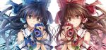  2girls alternate_color ascot bangs bare_shoulders black_hair blue_background blue_bow blue_dress blue_eyes blue_flower bow breasts brown_eyes brown_hair closed_mouth collar collared_dress detached_sleeves dress dual_persona eyebrows_visible_through_hair flower frills hagiwara_rin hair_between_eyes hair_bow hair_ornament hair_tubes hakurei_reimu hands_up light_smile long_hair long_sleeves looking_at_viewer medium_breasts multiple_girls open_mouth pink_background player_2 red_bow red_dress red_flower simple_background smile touhou upper_body white_background white_flower wide_sleeves yellow_ascot 