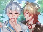  2boys antenna_hair black_jacket blonde_hair blue_eyes blue_shirt blue_sky braid chest_tattoo collared_shirt commentary_request gradient_hair highres honkai:_star_rail honkai_(series) jacket laplace5 male_focus medium_hair multicolored_hair multiple_boys mydei_(honkai:_star_rail) parted_bangs phainon_(honkai:_star_rail) red_hair red_tattoo shirt short_hair side_braid sky tattoo vest viewfinder watermark white_hair white_vest yellow_eyes 