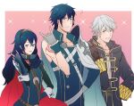  1girl 2boys ? ameno_(a_meno0) asymmetrical_clothes blue_eyes blue_hair brown_eyes cape chrom_(fire_emblem) coat fingerless_gloves fire_emblem fire_emblem_awakening gesture gloves grey_hair grin long_hair long_sleeves looking_at_viewer lucina_(fire_emblem) multiple_boys open_mouth pink_background pose robin_(fire_emblem) robin_(fire_emblem)_(male) short_hair smile symbol-shaped_pupils tiara very_short_hair 