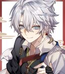  1boy absurdres animal_ears antenna_hair black_gloves black_shirt blue_eyes chinese_clothes coin collared_shirt dog_boy dog_ears dog_tail earrings fingerless_gloves gloves hashtag-only_commentary highres holed_coin honkai:_star_rail honkai_(series) jewelry male_focus neck_tattoo parted_bangs phainon_(honkai:_star_rail) shirt short_hair solo suer2230 tail tassel tassel_earrings tattoo two-tone_shirt white_hair white_shirt 