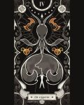  1girl absurdres ant_girl antennae arthropod_girl artist_name black_skin boomerang card_(medium) colored_skin dress english_commentary english_text full_body highres hollow_knight hollow_knight:_silksong laserlazuli pillarboxed silk skarrsinger_karmelita_(hollow_knight) solo spider_web spot_color tarot tarot_(medium) the_emperor_(tarot) weapon 
