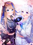  2girls absurdres airi_kanna ayatsuno_yuni black_bow black_sailor_collar blue_eyes blue_hair blue_neckerchief blush bow cherry_blossoms commentary_request crop_top cropped_shirt day diploma falling_petals grey_hair grey_sailor_collar grin hair_bow hair_ornament hairclip highres holding holding_diploma holding_megaphone jelin_yam korean_commentary long_hair long_sleeves looking_at_viewer megaphone midriff multicolored_hair multiple_girls navel neckerchief open_mouth outdoors parallel_hairclips petals pleated_skirt purple_serafuku purple_shirt purple_skirt sailor_collar school_uniform serafuku shirt skirt smile star-shaped_pupils star_(symbol) stellive straight_hair symbol-shaped_pupils very_long_hair virtual_youtuber white_serafuku white_shirt white_skirt 