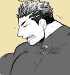  1boy bara beard bodysuit facial_hair flaming_halo from_side large_pectorals male_focus mature_male monochrome muscular muscular_male mustache pectorals po_fu short_hair sideburns skin_tight stubble tokyo_afterschool_summoners upper_body yellow_background yellow_theme zabaniya_(housamo) 