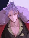  1boy coat coat_on_shoulders collarbone expressionless fate/grand_order fate_(series) fomnant fur-trimmed_coat fur_trim grey_eyes grey_hair half_updo highres jacket looking_at_viewer male_focus pinstripe_jacket pinstripe_pattern pinstripe_suit portrait red_coat suit takeda_shingen_(fate) takeda_shingen_(first_ascension)_(fate) 