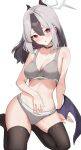  1girl akasaki_koyo alternate_costume alternate_hairstyle arm_support bare_arms bare_shoulders black_choker black_hair black_thighhighs blue_archive blush breasts character_name choker cleavage collarbone commentary demon_girl demon_horns demon_wings double-parted_bangs ear_piercing eyes_visible_through_hair full_body grey_hair grey_halo grey_sports_bra grey_sports_panties hair_between_eyes hair_down halo hand_on_own_stomach head_tilt highres horns kayoko_(blue_archive) long_hair looking_at_viewer low_wings medium_breasts mole mole_on_neck multicolored_hair open_mouth piercing red_eyes simple_background single_wing sitting solo sports_bra sports_panties stomach straight_hair thighhighs thighs tsurime two-tone_hair white_background wings yokozuwari 