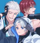  3boys black_eyes blue_background blue_eyes earrings fate/grand_order fate_(series) grey_hair harada_sanosuke_(fate) highres hood hood_up jacket jewelry kimiruun looking_at_viewer male_focus multiple_boys nagakura_shinpachi_(fate) one_eye_closed open_mouth prosthesis prosthetic_arm red_hair scar scar_on_arm scar_on_cheek scar_on_face scar_on_forehead shinsengumi_(fate) shirt short_hair simple_background tongue tongue_out toudou_heisuke_(fate) white_hair 