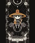  1boy absurdres arthropod_boy artist_name black_eyes black_skin cape card_(medium) cloak colored_skin english_commentary english_text facing_viewer full_body greyscale hat highres holding holding_instrument hollow_eyes hollow_knight hollow_knight:_silksong instrument laserlazuli mask monochrome pillarboxed sherma_(hollow_knight) silk solo spider_web spot_color tarot tarot_(medium) the_fool_(tarot) 