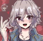  2girls :d anastasia_(idolmaster) black_shirt blue_jacket blush bow brown_background brown_eyes brown_hair chibi chibi_inset collarbone commentary_request green_eyes grey_hair grey_ribbon hair_ribbon hand_up heart idolmaster idolmaster_cinderella_girls jacket kawamochi_(kawauti919) multiple_girls nose_blush open_clothes open_jacket outline red_bow ribbon ringed_eyes sakuma_mayu shirt smile solo_focus sparkle translation_request white_outline 