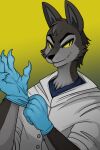 2025 anthro big_ears black_body black_fur blue_clothing blue_topwear canid canine canis cheek_tuft claws clothing coat digital_drawing_(artwork) digital_media_(artwork) doctor ear_tuft eyebrows facial_tuft fur glove_snap gradient_background grey_body grey_fur hachimakiyaki head_tuft hi_res hybrid janusz lab_coat male mammal medical_gloves multicolored_body multicolored_fur neck_tuft simple_background smile snout solo topwear tuft two_tone_body two_tone_fur white_clothing white_topwear wolf wolfdog yellow_eyes