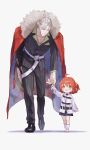  1boy 1girl absurdres aged_down ahoge black_shoes chaldea_uniform child coat coat_on_shoulders fate/grand_order fate_(series) fomnant fujimaru_ritsuka_(female) full_body fur-trimmed_coat fur_trim grey_hair hair_ornament hair_scrunchie half_updo highres holding_hands jacket long_sleeves one_side_up orange_eyes orange_hair pants pinstripe_pants pinstripe_pattern pinstripe_suit pocket_square red_coat sash scrunchie shoes short_hair skirt smile standing suit takeda_shingen_(fate) takeda_shingen_(first_ascension)_(fate) two-sided_coat two-sided_fabric waist_sash yellow_scrunchie 