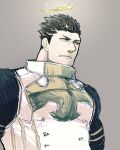  1boy bara bodysuit facial_hair flaming_halo frown large_pectorals looking_to_the_side male_focus mature_male muscular muscular_male muted_color pectorals po_fu short_hair sideburns skin_tight stubble tokyo_afterschool_summoners unfinished upper_body zabaniya_(housamo) 