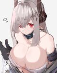  1girl ? arknights arm_strap asususususu bangs bare_shoulders bikini black_gloves breasts cleavage closed_mouth collar ear_piercing eyebrows_visible_through_hair gloves hair_ornament hair_over_one_eye highres horns large_breasts long_hair looking_at_viewer mudrock_(arknights) piercing pointy_ears red_eyes silver_hair simple_background solo strapless strapless_bikini swimsuit undressing upper_body very_long_hair white_background white_bikini 