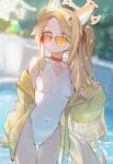  1girl above-cleavage_cutout ai-assisted animal_ears bare_shoulders blonde_hair blue_archive blurry blurry_background breasts clothing_cutout collarbone commentary covered_navel cowboy_shot diamond_cutout extra_ears fox_ears fox_girl fox_tail groin halo highleg highleg_one-piece_swimsuit highres jacket long_hair long_sleeves looking_at_viewer official_alternate_costume one-piece_swimsuit orange-tinted_eyewear parted_lips pink_eyes poki_(j0ch3fvj6nd) seia_(blue_archive) seia_(swimsuit)_(blue_archive) sleeves_past_wrists small_breasts solo sunglasses swimsuit tail tinted_eyewear visor_cap white_one-piece_swimsuit yellow_halo yellow_jacket yellow_visor 