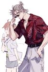 1boy 1girl alternate_costume belt black_scrunchie fate/grand_order fate_(series) fomnant fujimaru_ritsuka_(female) fujimaru_ritsuka_(female)_(summer_street) grey_eyes grey_hair grey_shorts half_updo hand_in_pocket hawaiian_shirt highres jacket leaf_print looking_over_eyewear official_alternate_costume orange_hair pants red_shirt scrunchie shirt short_hair shorts smile sunglasses takeda_shingen_(fate) white_jacket 