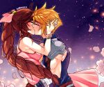  1boy 1girl aerith_gainsborough armor armored_gloves artist_name bandaged_arm bandages bangle bare_shoulders belt blonde_hair blue_shirt blush bracelet braid braided_ponytail breasts brown_belt brown_hair cherry_blossoms choker closed_eyes cloud_strife couple dress falling_petals final_fantasy final_fantasy_vii final_fantasy_vii_rebirth final_fantasy_vii_remake flower hair_between_eyes hair_bobbles hair_ornament hair_ribbon hand_in_another&#039;s_hair hetero jewelry kiss kurohyn long_dress long_hair materia medium_breasts parted_bangs pauldrons petals pink_dress pink_flower pink_petals pink_ribbon ribbon shirt short_hair shoulder_armor sidelocks single_braid single_pauldron sleeveless sleeveless_dress sleeveless_turtleneck spaghetti_strap spiked_hair suspenders turtleneck upper_body 