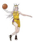  1girl absurdres ahoge alternate_costume animal_ears arm_warmers ball bare_shoulders basketball basketball_(object) basketball_jersey basketball_shorts basketball_uniform blue_eyes breasts cosplay ear_ornament grey_hair grey_tail hair_between_eyes hair_ornament hairband highres holding horse_ears horse_girl horse_tail lebron_james lebron_james_(cosplay) long_hair los_angeles_lakers multicolored_hair national_basketball_association oguri_cap_(umamusume) shoes shorts simple_background single_arm_warmer slam_dunk_(basketball) sneakers sportswear tail umamusume white_arm_warmers white_background wristband xyanaid 