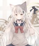  1girl animal_ear_fluff animal_ears bangs black_bow black_sailor_collar black_skirt blurry blurry_background blush bow breasts brown_eyes brown_sweater cat_ears cat_girl cat_tail closed_mouth commentary_request depth_of_field eyebrows_visible_through_hair grey_hair hair_between_eyes highres long_hair long_sleeves original pleated_skirt risu_(ritharte) sailor_collar school_uniform serafuku shirt skirt sleeves_past_fingers sleeves_past_wrists small_breasts smile solo sweater tail tail_bow tail_ornament very_long_hair white_shirt 