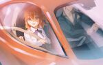  1boy 1girl ahoge artoria_pendragon_(fate) car cosplay driving fate/grand_order fate_(series) fomnant fujimaru_ritsuka_(female) fujimaru_ritsuka_(female)_(anniversary_blonde) highres long_sleeves medium_hair motor_vehicle one_side_up orange_eyes orange_hair pinstripe_jacket pinstripe_pattern pinstripe_suit saber_(fate) saber_(fate)_(cosplay) scrunchie shirt side_ponytail smile suit takeda_shingen_(fate) takeda_shingen_(first_ascension)_(fate) yellow_scrunchie 