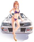  1girl bangs bikini blush breasts brown_hair car cleavage closed_mouth collarbone full_body gold_footwear ground_vehicle hand_on_hip high_heels large_breasts looking_at_viewer medium_hair motor_vehicle navel original purple_bikini shadow sideboob solo standing suihei_sen swimsuit thighs toes white_background 