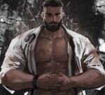 1boy abs bara bare_pectorals beard black_hair blood blood_on_clothes collared_shirt david_king_(dead_by_daylight) dead_by_daylight facial_hair highres jang_ju_hyeon large_pectorals looking_at_viewer male_focus muscular muscular_male open_clothes open_shirt own_hands_together pectorals scar scar_across_eye scar_on_face scar_on_nose shirt short_hair solo undercut watch wristwatch 