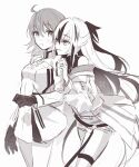 2girls absurdres ahoge bare_shoulders dress fate/grand_order fate_(series) fomnant fujimaru_ritsuka_(female) fujimaru_ritsuka_(female)_(decisive_battle_chaldea_uniform) gloves greyscale hair_between_eyes highres long_hair medium_hair monochrome multicolored_hair multiple_girls nagao_kagetora_(fate) open_mouth shorts smile two-tone_hair uesugi_kenshin_(second_ascension)_(fate) 