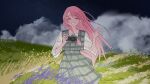  1girl bang_dream! bang_dream!_it's_mygo!!!!! blush camera chihaya_anon closed_eyes cloud commentary grass hashtag-only_commentary highres holding holding_camera long_hair open_mouth peke_(pekeiscat) pink_hair sky solo star_(sky) starry_sky three-quarter_sleeves waving 
