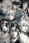  1girl 6+boys ahoge closed_eyes crying fate/grand_order fate_(series) fur_shawl greyscale hara_tetsuo_(style) harada_sanosuke_(fate) headband hijikata_toshizou_(fate) japanese_clothes kimono kondou_isami_(fate) long_hair masaki_(star8moon) monochrome multiple_boys nagakura_shinpachi_(fate) okita_souji_(fate) open_mouth parody ponytail profile saitou_hajime_(fate) scar scar_on_cheek scar_on_face shawl shinsengumi_(fate) short_hair spot_color style_parody toudou_heisuke_(fate) wavy_hair yamanami_keisuke_(fate) 