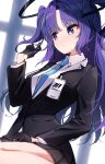  1girl akasaki_koyo black_gloves black_halo black_skirt black_suit blue_archive blue_eyes blue_necktie blush closed_mouth collared_shirt commentary dutch_angle fidgeting frown furrowed_brow gloves hair_intakes hair_ornament half_gloves halo hand_up highres id_card long_hair long_sleeves looking_to_the_side mechanical_halo millennium_science_school_logo miniskirt necktie playing_with_own_hair pleated_skirt purple_hair school_uniform shirt shy sitting skirt solo suit triangle_hair_ornament two_side_up very_long_hair wariza white_shirt yuuka_(blue_archive) 