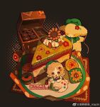  1girl animal animal_ears apron artist_name beret black_background blonde_hair blush_stickers boots brown_eyes cake cake_slice chibi chinese_commentary commentary_request commission country_lolita dress eyelashes flower food food_focus frilled_apron frills green_apron green_hat hair_flower hair_ornament hairclip halftone halftone_background happy hat hat_ribbon knitting_needle lolita_fashion long_dress looking_at_viewer loose_hair_strand machi_nailao_bao medium_hair mini_person minigirl napkin needle open_mouth original parallel_hairclips petting pink_flower plate puffy_short_sleeves puffy_sleeves red_boots red_flower red_ribbon ribbon sample_watermark scissors sewing_kit sewing_pin shadow sheep sheep_ears short_sleeves sitting smile stuffed_animal stuffed_sheep stuffed_toy sunflower tareme wariza watermark weibo_watermark white_dress yarn yarn_ball yarn_bobbin yellow_flower 