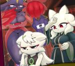 anthro biped black_nose blue_body blue_fur blush bodily_fluids breasts cleavage closed_smile clothed clothing detailed_background ebino_senaka eyebrows felid feline female fingers fur goumang_(nine_sols) group hair heng_(nine_sols) hi_res male mammal mouth_closed navel nine_sols open_mouth open_smile red_candle_games red_eyes smile solarian standing sweat trio white_body white_fur yi_(nine_sols)