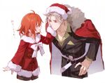  1boy 1girl closed_eyes coat coat_on_shoulders dress dress_pants fate/grand_order fate_(series) fomnant fujimaru_ritsuka_(female) fujimaru_ritsuka_(female)_(white_christmas) fur-trimmed_coat fur-trimmed_dress fur-trimmed_headwear fur_trim grey_hair hands_on_another's_cheeks hands_on_another's_face hat highres jacket long_sleeves orange_hair pants pinstripe_jacket pinstripe_pants pinstripe_pattern pinstripe_suit pocket_square red_coat red_hat santa_costume santa_dress santa_hat sash smile suit takeda_shingen_(fate) takeda_shingen_(first_ascension)_(fate) two-sided_coat two-sided_fabric waist_sash 