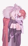  1boy 1girl absurdres ahoge carrying coat coat_on_shoulders dress fate/grand_order fate_(series) fomnant fujimaru_ritsuka_(female) fujimaru_ritsuka_(female)_(decisive_battle_chaldea_uniform) fur-trimmed_coat fur_trim grey_eyes grey_hair half_updo highres jacket medium_hair orange_eyes orange_hair pinstripe_jacket pinstripe_pattern pinstripe_suit princess_carry red_coat short_hair suit takeda_shingen_(fate) takeda_shingen_(first_ascension)_(fate) two-sided_coat two-sided_fabric white_dress white_jacket 