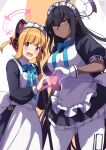  2girls animal_ear_headphones animal_ears apron black_dress black_hair blonde_hair blue_archive blue_bow blue_bowtie blush bow bowtie breasts cat_ear_headphones cat_ears commentary dark-skinned_female dark_skin dress fake_animal_ears finger_heart frilled_apron frilled_skirt frills gabuillust gloves hair_between_eyes halo headphones highres karin_(blue_archive) large_breasts long_hair looking_at_viewer maid maid_apron maid_headdress momoi_(blue_archive) momoi_(maid)_(blue_archive) multiple_girls open_mouth pantyhose pink_halo puffy_short_sleeves puffy_sleeves purple_halo red_eyes short_hair short_sleeves sidelocks skirt small_breasts smile twintails white_gloves white_pantyhose yellow_eyes 