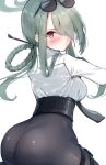  1girl :/ akasaki_koyo ass black_pants blue_archive blush braid braided_hair_rings closed_mouth commentary_request cowboy_shot eyewear_on_head from_behind frown green_hair green_halo hair_ornament hair_over_one_eye hair_over_shoulder hair_rings hair_stick halo hand_up high-waist_pants highres long_hair long_sleeves looking_at_viewer looking_back mina_(blue_archive) one_eye_covered pants red_eyes shirt sidelocks simple_background solo straight_hair sunglasses v-shaped_eyebrows white_background white_shirt 