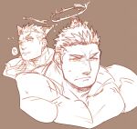  1boy animal_ears bara brown_theme cat_ears collage creature_on_head cropped_shoulders facial_hair flaming_halo greyscale kemonomimi_mode large_pectorals male_focus mature_male monochrome motion_lines muscular muscular_male pectorals po_fu short_hair sideburns sketch solo_focus stubble sweatdrop tokyo_afterschool_summoners translation_request zabaniya_(housamo) 