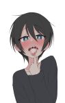  1girl absurdres ame_(amechan17391739) black_hair blue_eyes blush bright_pupils cum cum_in_mouth highres messy_hair open_mouth pointing pointing_at_self saitou_ena short_hair solo tongue tongue_out upper_body white_background white_pupils yurucamp 