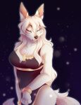  aki_(teranen) albino anthro anubian anubian_jackal big_breasts black_clothing black_dress breasts canid canine canis clothing curvy_figure dress female fur gold_(metal) gold_jewelry jackal jewelry looking_at_viewer mammal piercing solo standing unknown_artist white_body white_fur wide_hips 